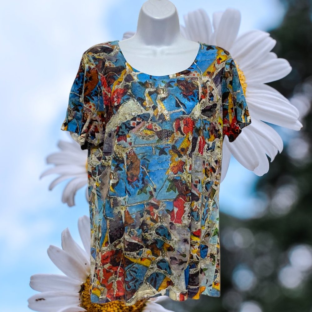 Large Short Sleeve Top Multi-Color, With Rhinestones Design-Offers Welcome